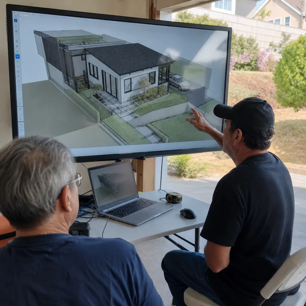 Two professionals discussing an architectural ADU design plan on a large monitor