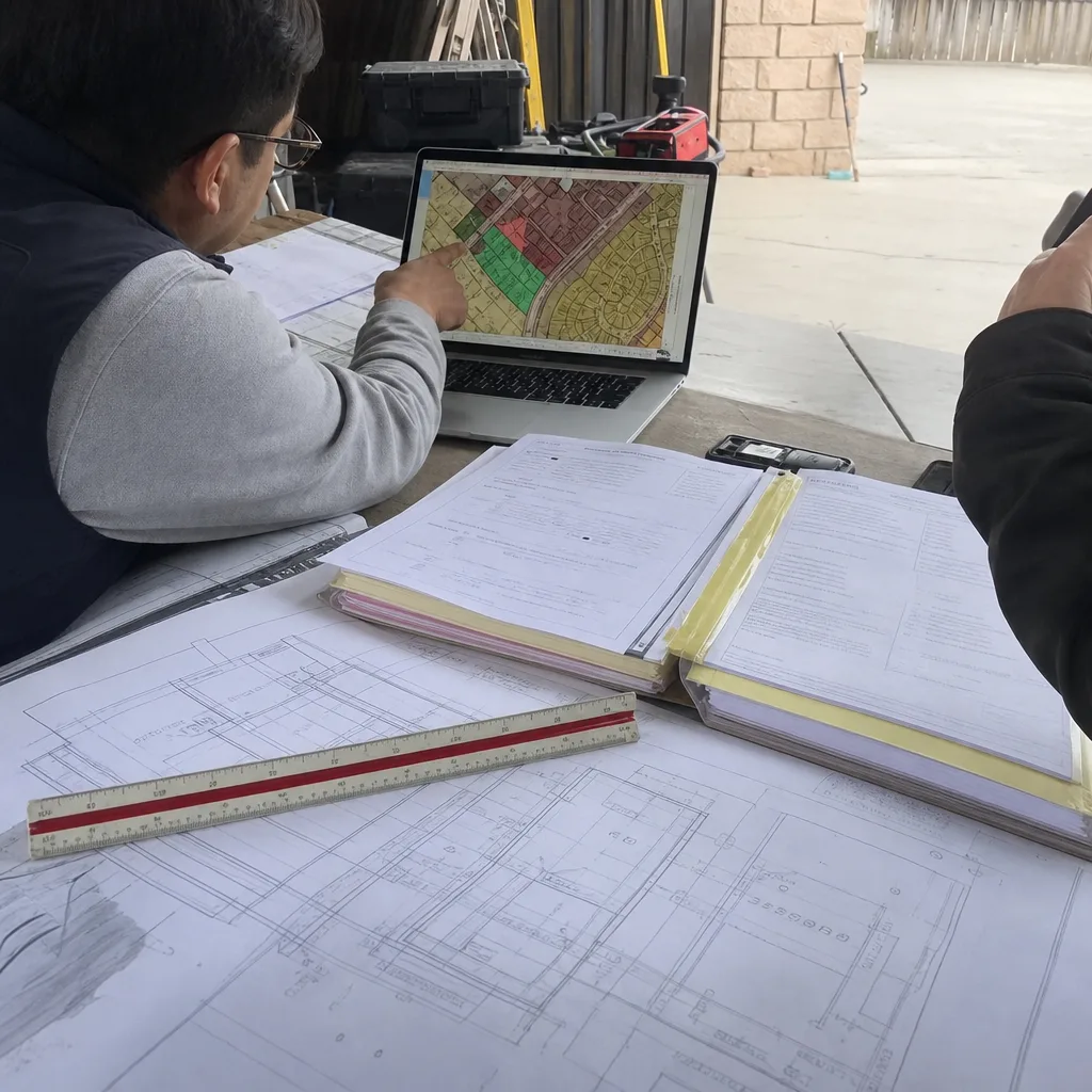professional reviewing ADU design blueprints and permit documentation