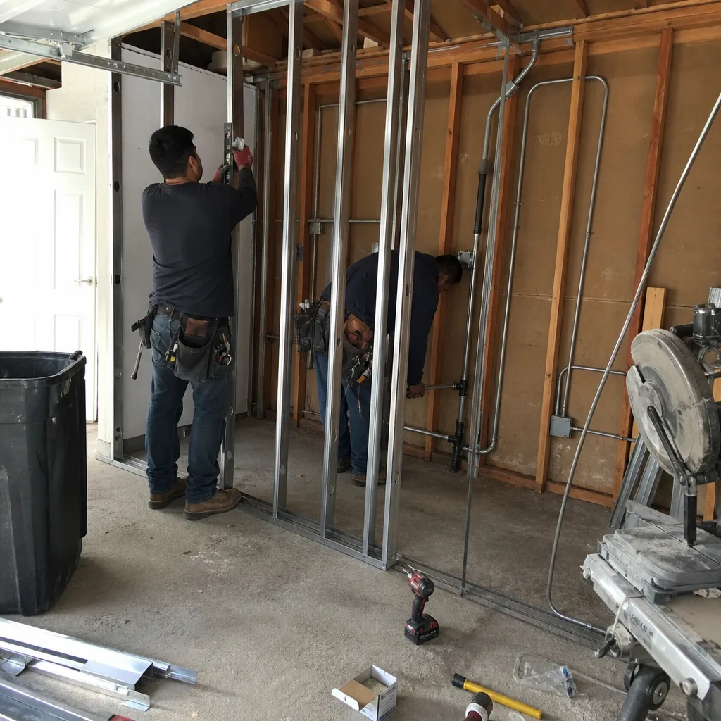Contractors framing a garage conversion ADU with metal wall studs