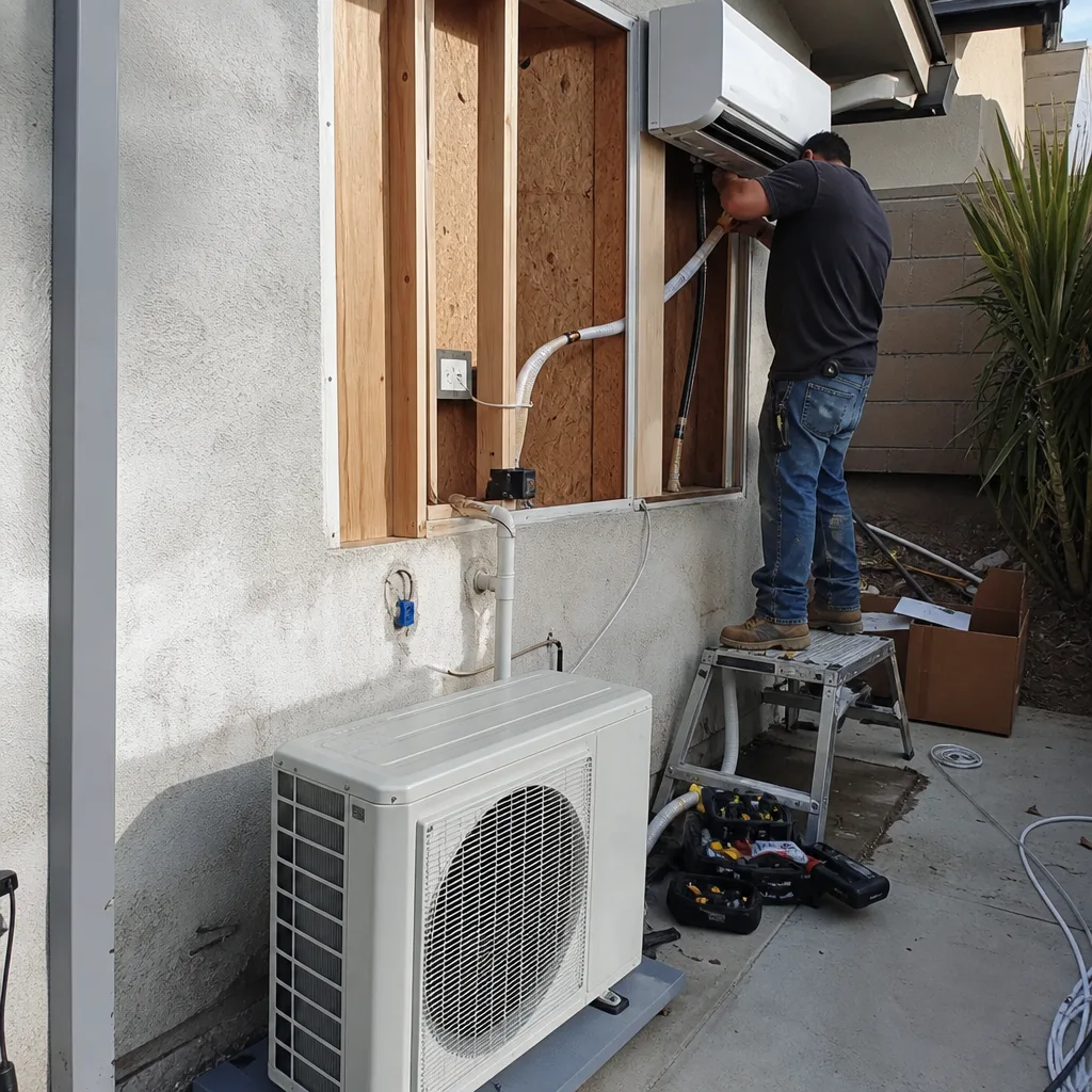 Professional contractor installing HVAC system during a residential garage conversion ADU project