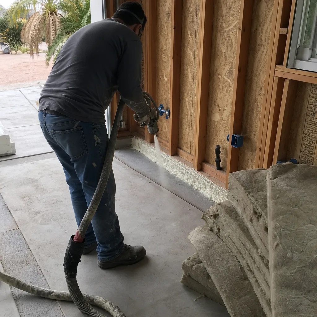 Professional applying spray foam insulation for garage conversion ADU