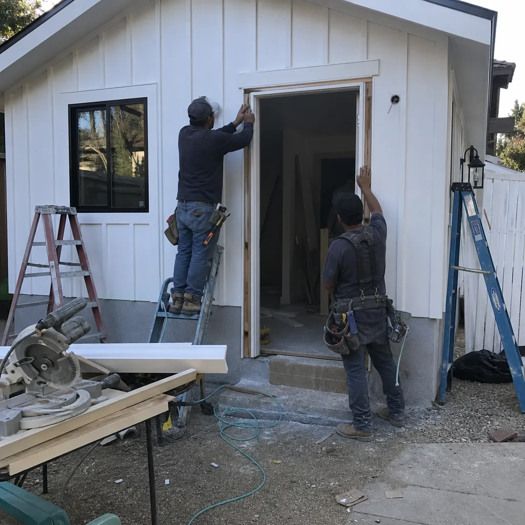 Contractors installing a door frame on a newly constructed detached ADU