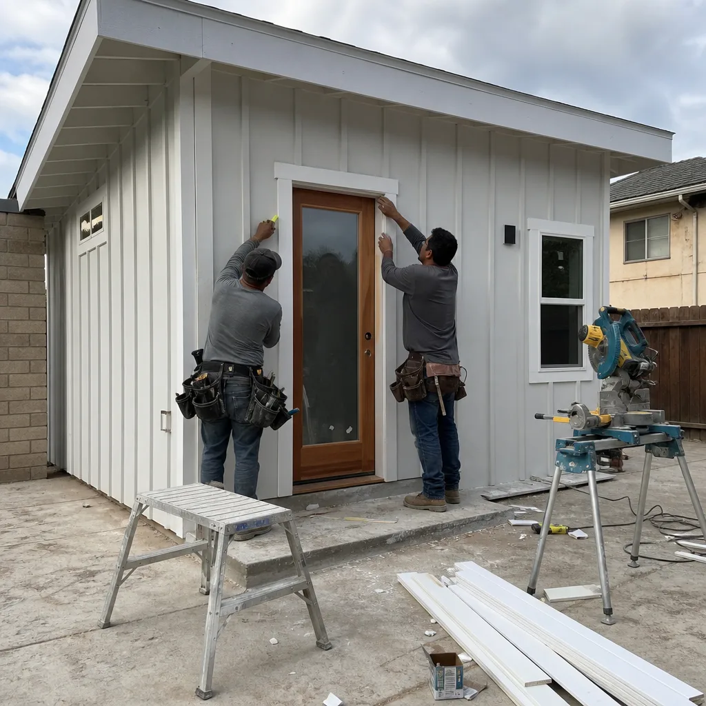 Professional construction workers installing door trim on a detached ADU exterior