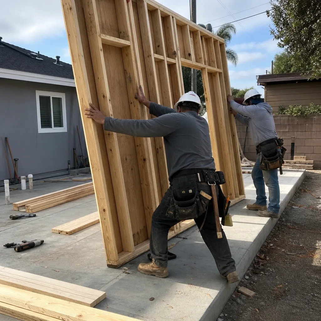 Two contractors installing a wooden wall frame for a detached ADU.